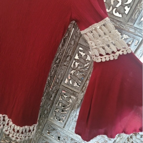 Entro Womens Burgundy Bohemian Long Bell Sleeve Dress with Crochet Accent Detail - Picture 9 of 16